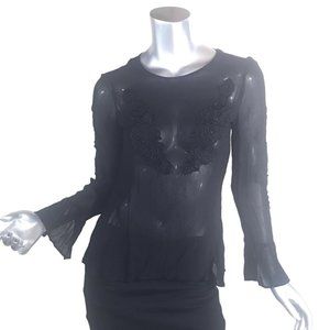 Zara Woman Sheer Embroidered Black Blouse Women's Small